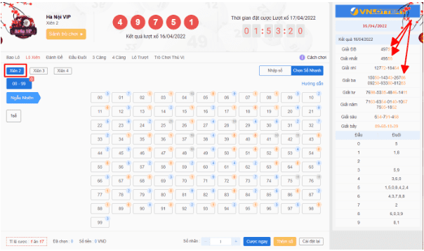 Bảng mẫu Lô Xiên 2 - xổ số Hà Nội VIP