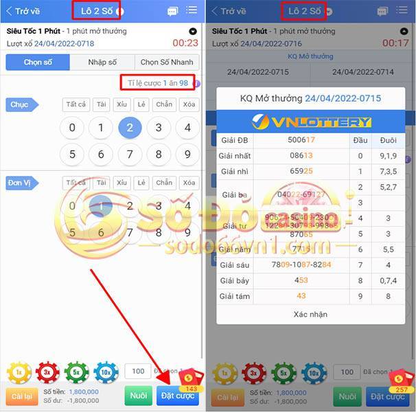 Hướng dẫn đặt cược xổ số siêu tốc tại SODO66 8 Bao lô 2 số xổ số siêu tốc nhà cái sodo66
